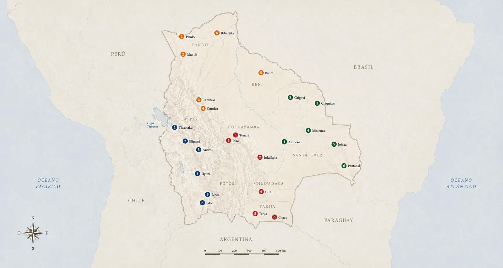 Mapa de Bolivia con los 24 orígenes de los ingredientes QAPAC, agrupados por serie